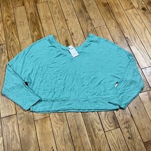 NEW Auden Sleepwear Womens Medium Teal Green Ribbed V-Neck‎ Long Sleeve